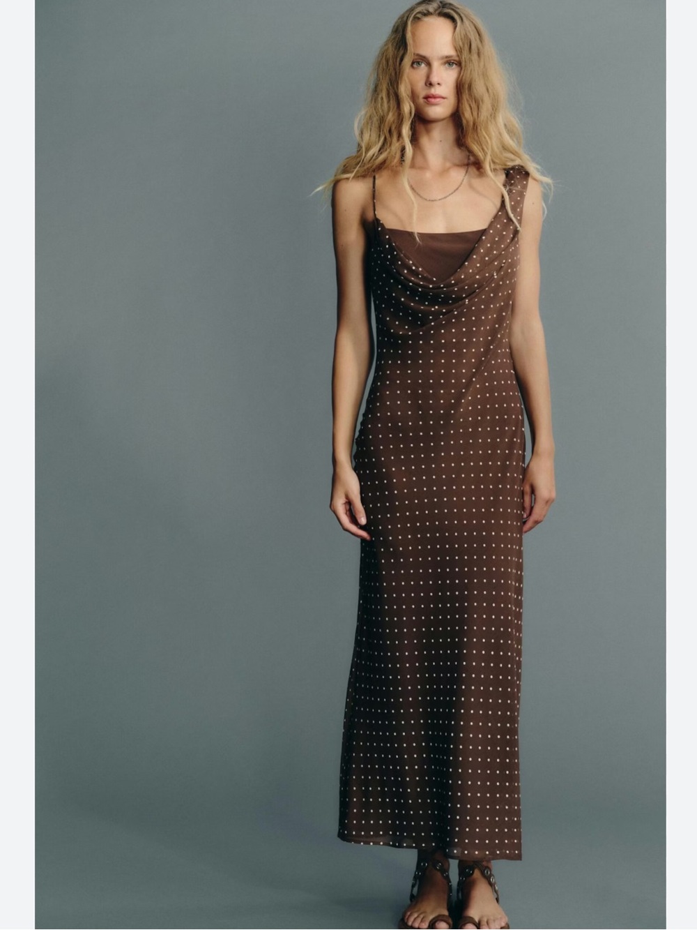 Zara NWT draped neck polka dot dress brown ecru 3152/274
